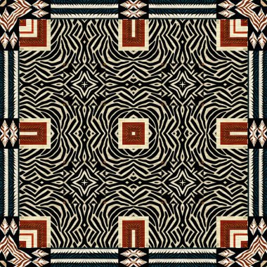 African kente cloth patchwork effect pattern. Seamless geometric quilt fabric all over background. Patched boho rug safari shirt repetitive tile swatch.