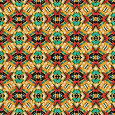 Geleneksel fayanslı, pürüzsüz mozaik iz. Kumaş efekti Meksika yamaca damask ızgara kare şekil simetrik arka plan tekstili. Yaratıcı renkli grafik tasarımı.