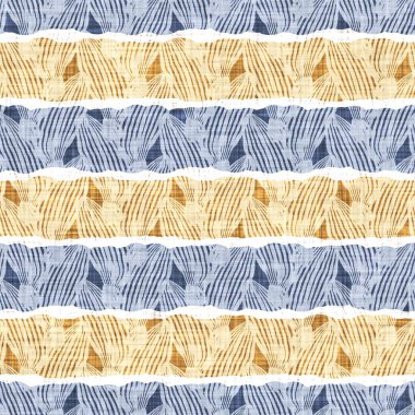 Kusursuz Fransız kırsal mutfak çizgili kumaş deseni. Mavi sarı beyaz yatay çizgili arka plan. Batik Boyası Kaynak Stili Kırsal Örgü Cottagecore Tekstili