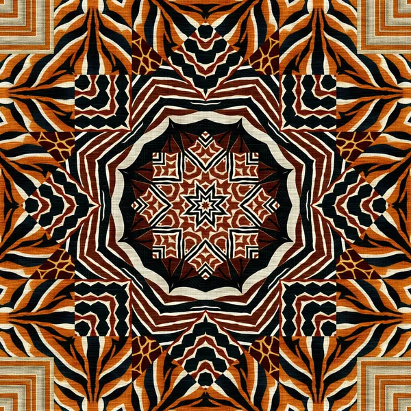 African kente cloth patchwork effect pattern. Seamless geometric quilt fabric all over background. Patched boho rug safari shirt repetitive tile swatch