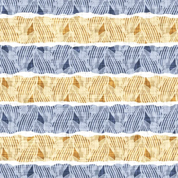 Kusursuz Fransız kırsal mutfak çizgili kumaş deseni. Mavi sarı beyaz yatay çizgili arka plan. Batik Boyası Kaynak Stili Kırsal Örgü Cottagecore Tekstili