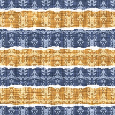 Kusursuz Fransız kırsal mutfak çizgili kumaş deseni. Mavi sarı beyaz yatay çizgili arka plan. Batik Boyası Kaynak Stili Kırsal Örgü Cottagecore Tekstili