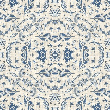 Fransız mavisi Fransız çiçekli kumaş desenli eski püskü ev dekorasyonu. Kırsal çiftlik evi, kır evi, çiçekli keten, pürüzsüz arka plan. Yama işi yorgan efekti motifi fayans