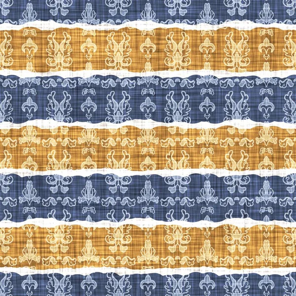 Kusursuz Fransız kırsal mutfak çizgili kumaş deseni. Mavi sarı beyaz yatay çizgili arka plan. Batik Boyası Kaynak Stili Kırsal Örgü Cottagecore Tekstili