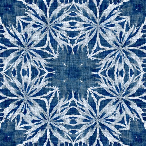 Indigo Blue Snow Flake Pattern Background Frosty Batik Painterly Effect — Stock Photo, Image