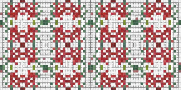 Seamless Christmas poinsettia cross stitch border. Decorative ornament in seasonal red for embroidered December holiday banner. Winter botanical vintage scandi edging