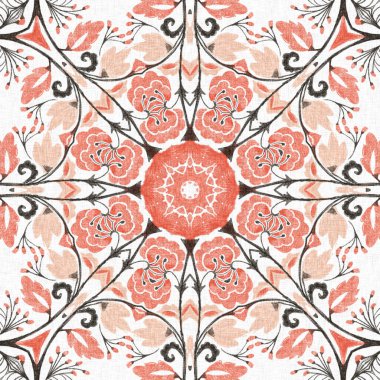 Modern boho geometrik çiçekli yorgan deseni. Shabby chic scandi keten etkisi ile arka planı tekrarla