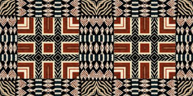African kente cloth patchwork effect border pattern. Seamless geometric quilt fabric edging trim background. Patched boho rug safari shirt repetitive ribbon endless band
