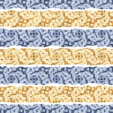 Kusursuz Fransız kırsal mutfak çizgili kumaş deseni. Mavi sarı beyaz yatay çizgili arka plan. Batik Boyası Kaynak Stili Kırsal Örgü Cottagecore Tekstili