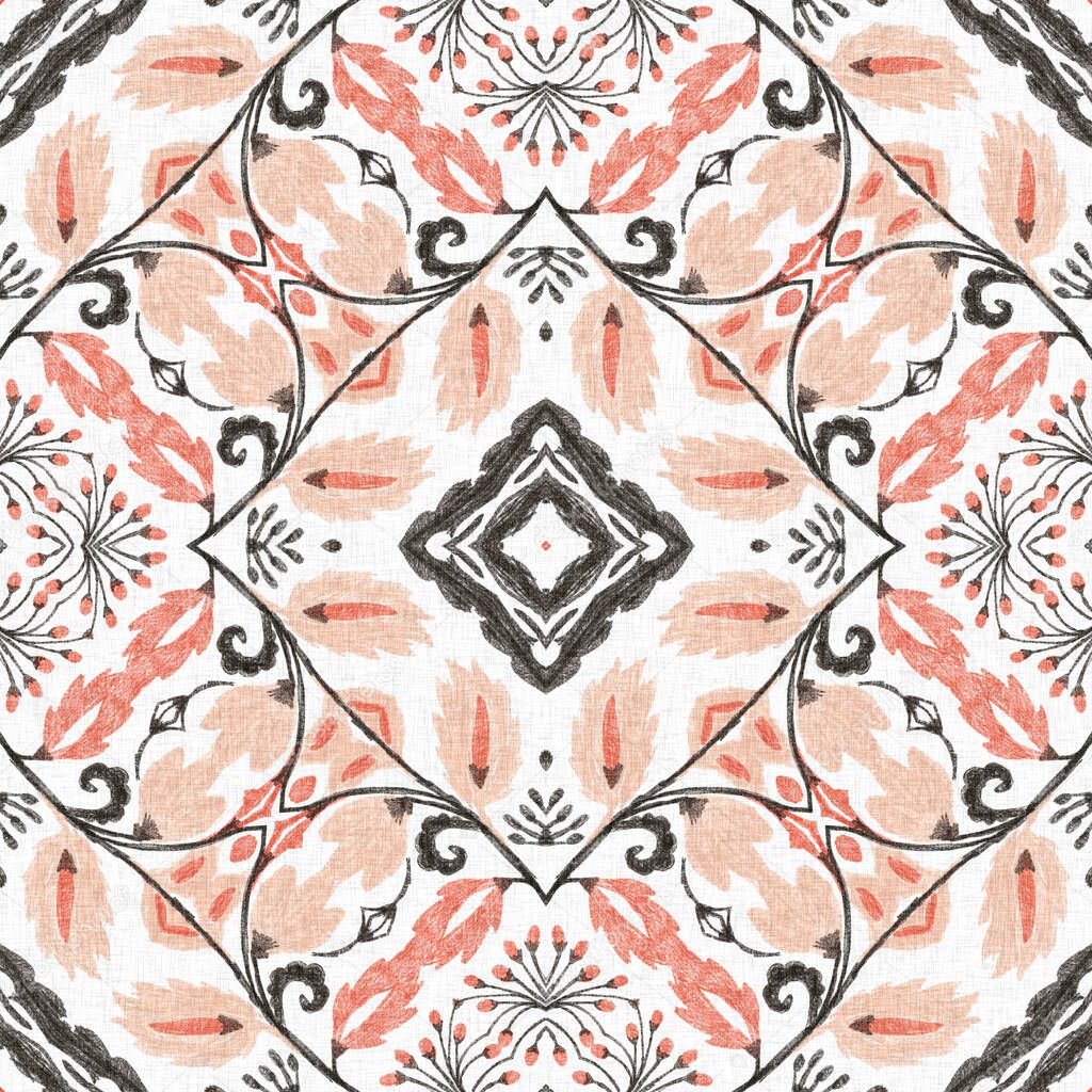 Modern boho geometric floral quilt style seamless pattern. Shabby chic scandi repeat background with linen effect