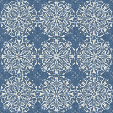 Çiftlik evi mavi kar tanesi desenli arka plan. Frosty batik damasch fransız efekti kusursuz arkaplan. Şenlikli soğuk tatil sezonu duvar kâğıdı döşemesi