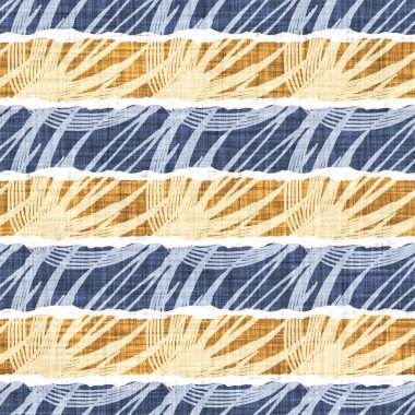 Kusursuz Fransız kırsal mutfak çizgili kumaş deseni. Mavi sarı beyaz yatay çizgili arka plan. Batik Boyası Kaynak Stili Kırsal Örgü Cottagecore Tekstili