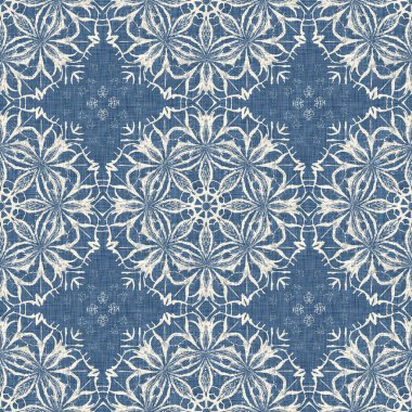 Çiftlik evi mavi kar tanesi desenli arka plan. Frosty batik damasch fransız efekti kusursuz arkaplan. Şenlikli soğuk tatil sezonu duvar kâğıdı döşemesi