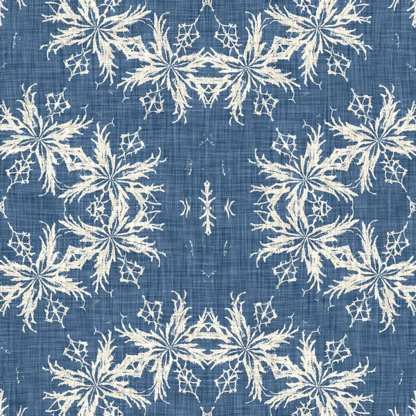 Farmhouse blue snow flake pattern background. Frosty batik french effect seamless backdrop. Festive cold holiday season wall paper tile