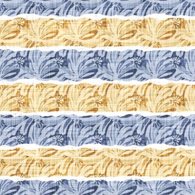 Kusursuz Fransız kırsal mutfak çizgili kumaş deseni. Mavi sarı beyaz yatay çizgili arka plan. Batik Boyası Kaynak Stili Kırsal Örgü Cottagecore Tekstili