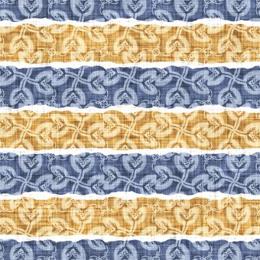 Kusursuz Fransız kırsal mutfak çizgili kumaş deseni. Mavi sarı beyaz yatay çizgili arka plan. Batik Boyası Kaynak Stili Kırsal Örgü Cottagecore Tekstili