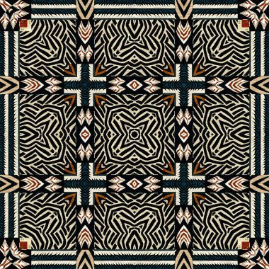 African kente cloth patchwork effect pattern. Seamless geometric quilt fabric all over background. Patched boho rug safari shirt repetitive tile swatch.