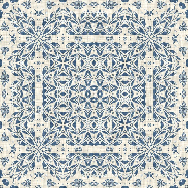 French blue floral french printed fabric pattern for shabby chic home decor style. Rustic farm house country cottage flower linen seamless background. Patchwork quilt effect motif tile