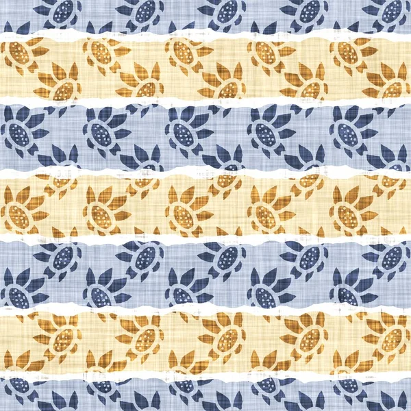 Seamless French country kitchen stripe fabric pattern print. Blue yellow white horizontal striped background. Batik dye provence style rustic woven cottagecore textile