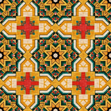 Geleneksel fayanslı, pürüzsüz mozaik iz. Kumaş efekti Meksika yamaca damask ızgara kare şekil simetrik arka plan tekstili. Yaratıcı renkli grafik tasarımı.