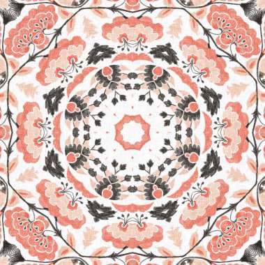 Modern boho geometrik çiçekli yorgan deseni. Shabby chic scandi keten etkisi ile arka planı tekrarla