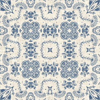 Fransız mavisi Fransız çiçekli kumaş desenli eski püskü ev dekorasyonu. Kırsal çiftlik evi, kır evi, çiçekli keten, pürüzsüz arka plan. Yama işi yorgan efekti motifi fayans