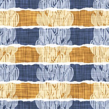 Kusursuz Fransız kırsal mutfak çizgili kumaş deseni. Mavi sarı beyaz yatay çizgili arka plan. Batik Boyası Kaynak Stili Kırsal Örgü Cottagecore Tekstili