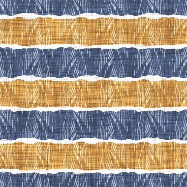 Kusursuz Fransız kırsal mutfak çizgili kumaş deseni. Mavi sarı beyaz yatay çizgili arka plan. Batik Boyası Kaynak Stili Kırsal Örgü Cottagecore Tekstili