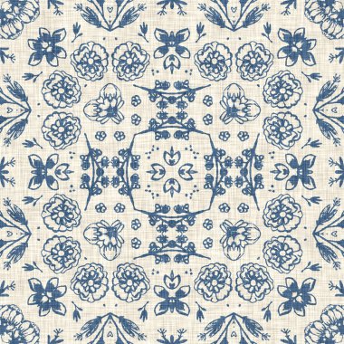 Fransız mavisi Fransız çiçekli kumaş desenli eski püskü ev dekorasyonu. Kırsal çiftlik evi, kır evi, çiçekli keten, pürüzsüz arka plan. Yama işi yorgan efekti motifi fayans