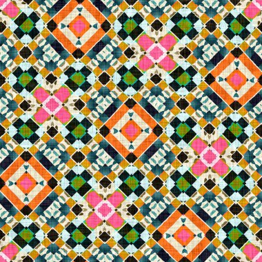 Kusursuz arka planda klasik geometrik tasarım. Canlı renkli grafik illüstrasyonuyla modaya uygun modern boho geo. Yama efekti örneği için fayansı tekrarla