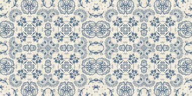 Fransız mavisi Fransız çiçekli kumaş desenli eski püskü ev dekorasyonu. Kırsal çiftlik evi kır evi çiçekli keten sonsuz bant. Yamalı yorgan efekti kurdele kenarı