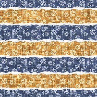 Kusursuz Fransız kırsal mutfak çizgili kumaş deseni. Mavi sarı beyaz yatay çizgili arka plan. Batik Boyası Kaynak Stili Kırsal Örgü Cottagecore Tekstili