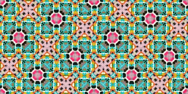 Kitsch pattern geometric retro design in seamless border background. Trendy modern boho geo in vibrant colorful graphic ribbon trim edge. Repeat tile for patchwork effect endless band