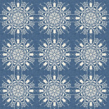 Çiftlik evi mavi kar tanesi desenli arka plan. Frosty batik damasch fransız efekti kusursuz arkaplan. Şenlikli soğuk tatil sezonu duvar kâğıdı döşemesi