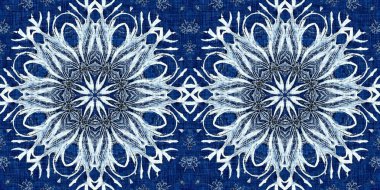 İndigo mavisi kar taneleri sınır arkaplanı. Frosty batik boyama efekti pürüzsüz kenar. Soğuk bayram şenliği kurdelesi. 