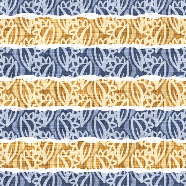 Seamless French country kitchen stripe fabric pattern print. Blue yellow white horizontal striped background. Batik dye provence style rustic woven cottagecore textile