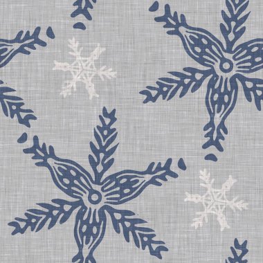 Kusursuz Noel kar taneleri örülmüş keten desenler. İki ton, mevsimlik çiftlik evi mavi don arka planı. Fransız Xmas karları için tatil tekstili.