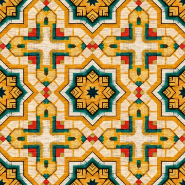 Geleneksel fayanslı, pürüzsüz mozaik iz. Kumaş efekti Meksika yamaca damask ızgara kare şekil simetrik arka plan tekstili. Yaratıcı renkli grafik tasarımı.