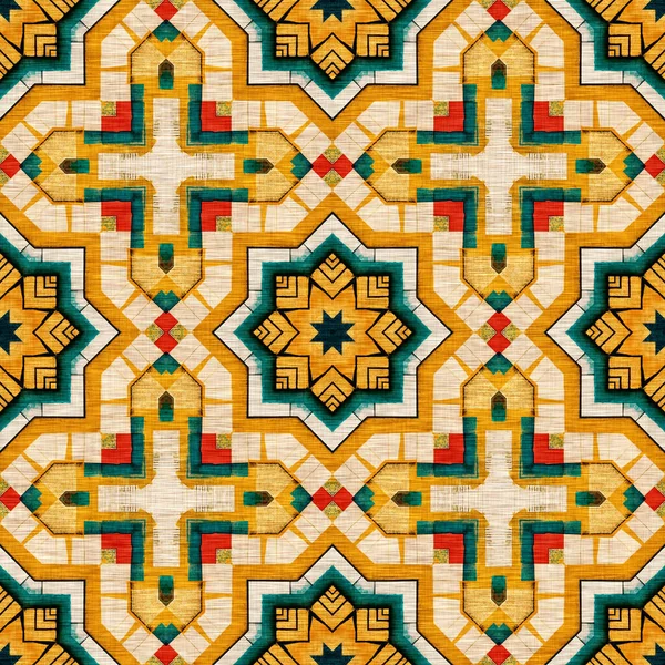 Traditional Tile Mosaic Seamless Pattern Print Fabric Effect Mexican Patchwork — Φωτογραφία Αρχείου