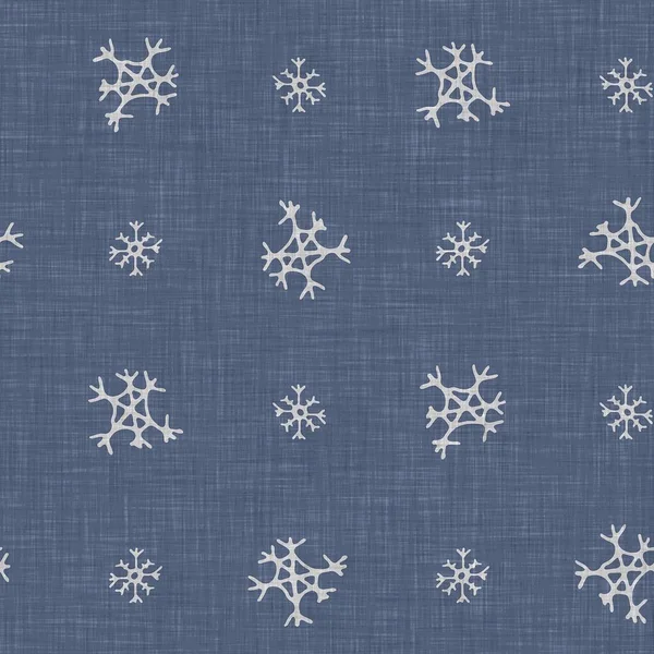 Seamless christmas snowflake woven linen pattern. Two tone seasonal farmhouse blue frost background. Holiday textile for french Xmas snow repeat.