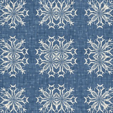 Çiftlik evi mavi kar tanesi desenli arka plan. Frosty batik fransız efekti kusursuz arkaplan. Şenlikli soğuk tatil sezonu duvar kâğıdı döşemesi