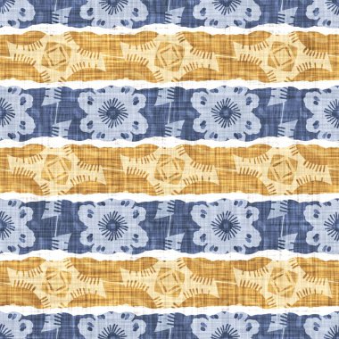 Kusursuz Fransız kırsal mutfak çizgili kumaş deseni. Mavi sarı beyaz yatay çizgili arka plan. Batik Boyası Kaynak Stili Kırsal Örgü Cottagecore Tekstili