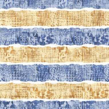 Kusursuz Fransız kırsal mutfak çizgili kumaş deseni. Mavi sarı beyaz yatay çizgili arka plan. Batik Boyası Kaynak Stili Kırsal Örgü Cottagecore Tekstili