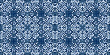 Indigo blue snow flake border batik. Frosty batik painterly effect seamless edging. Festive cold holiday season ribbon