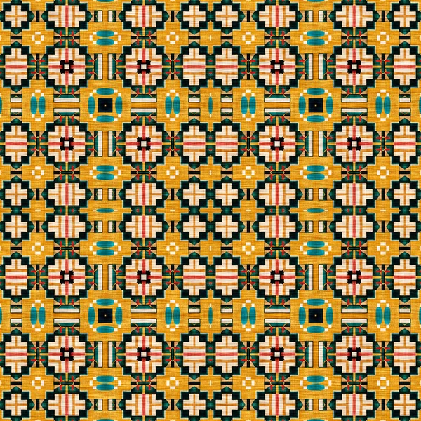 Traditional Tile Mosaic Seamless Pattern Print Fabric Effect Mexican Patchwork — Stok fotoğraf