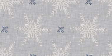 Kusursuz Noel kar taneleri örülmüş keten desenler. İki ton, mevsimlik çiftlik evi mavi don arka planı. Fransız Xmas karları için tatil tekstili