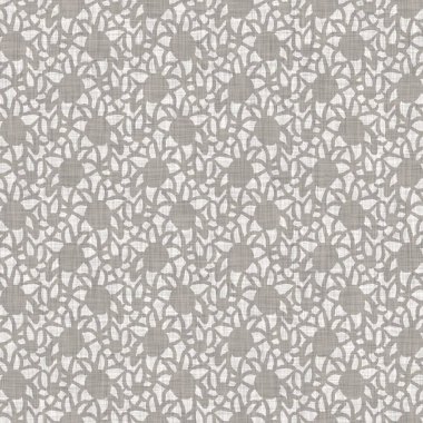 Gri, düzensiz, noktalı keten desenli Fransız kumaşı. Tonal kır evi tarzı soyut benekli arka plan. Basit bir kırsal kumaş tekstil etkisi. İlkel yapılı, pejmürde, şık bir kumaş.