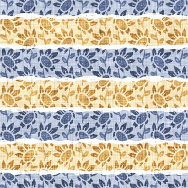 Kusursuz Fransız kırsal mutfak çizgili kumaş deseni. Mavi sarı beyaz yatay çizgili arka plan. Batik Boyası Kaynak Stili Kırsal Örgü Cottagecore Tekstili