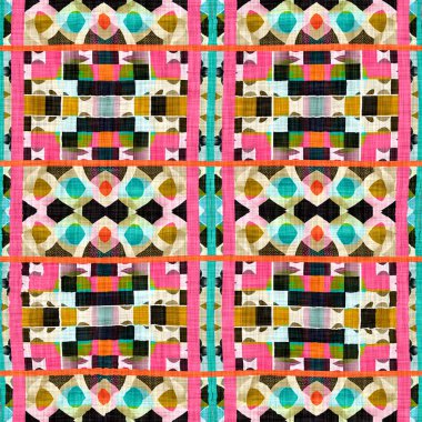 Kusursuz arka planda klasik geometrik tasarım. Canlı renkli grafik illüstrasyonuyla modaya uygun modern boho geo. Yama efekti örneği için fayansı tekrarla