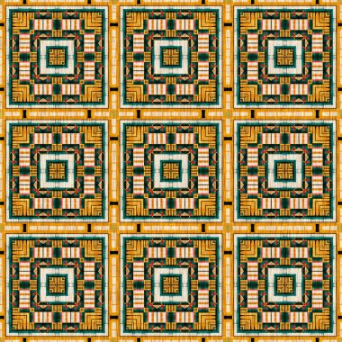 Geleneksel fayanslı, pürüzsüz mozaik iz. Kumaş efekti Meksika yamaca damask ızgara kare şekil simetrik arka plan tekstili. Yaratıcı renkli grafik tasarımı.